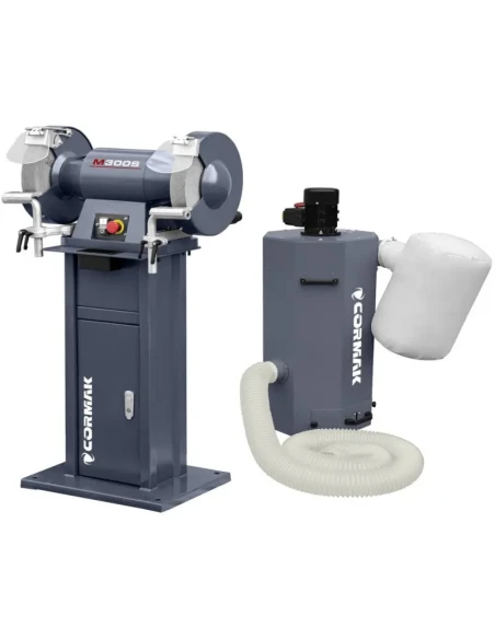 Průmyslová dvoukotoučová bruska CORMAK M300S se stojanem a odsáváním kovových třísek, pilin MDC750 400V