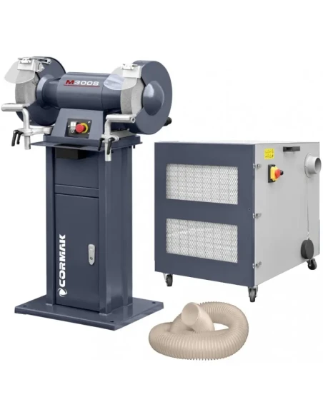 Průmyslová dvoukotoučová bruska CORMAK M300S se stojanem a odsáváním kovových třísek, pilin MDC1500 400V